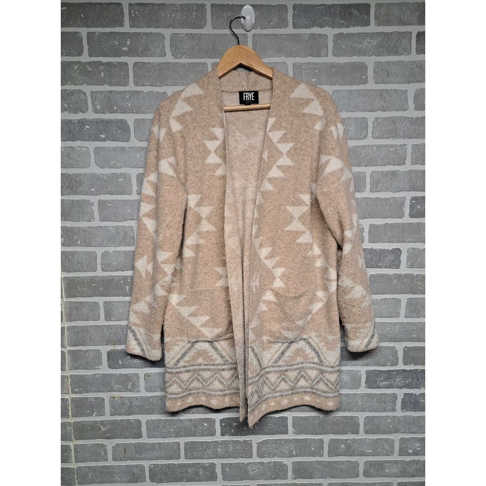 FRYE Aztec Print Open Front Cardigan Sweater Beige White Gray Womens Soft Cozy L